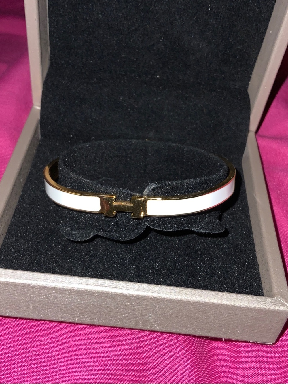 Gold and White Hinged Cuff Bracelet - Designer Style